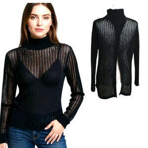 Elie Tahari Open Knit Sweater Women's Sz XS Black Sheer Spilt  Back Pullover Top